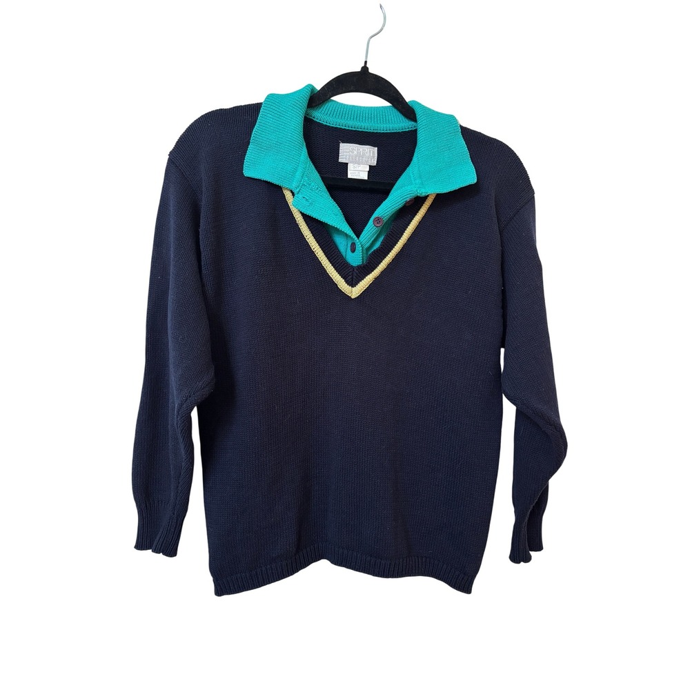 Vintage Esprit Collection Navy Blue Teal Cotton Polo V-Neck Sweater Small